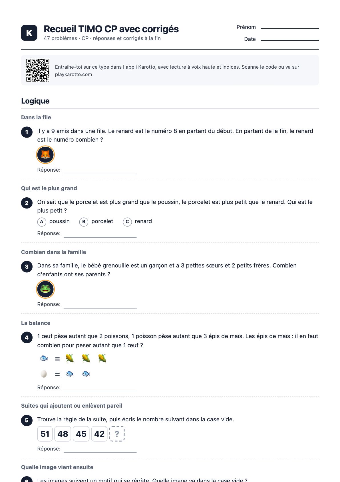 Première page du PDF Recueil TIMO CP avec corrigés