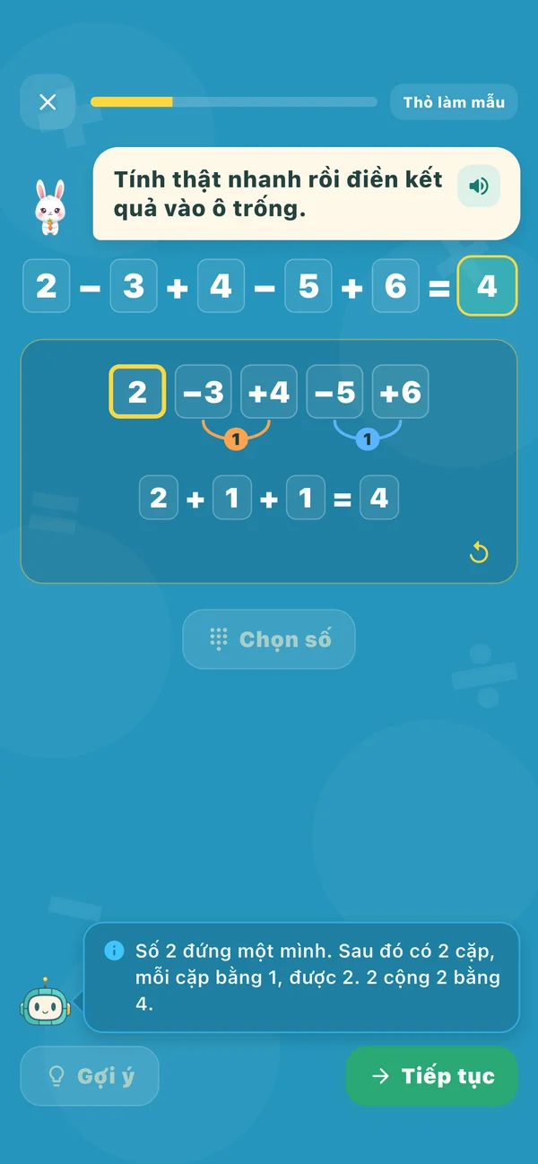 Modèles Step Rabbit : calculez rapidement 2 − 3 + 4 − 5 + 6 par paire, le robot explique que le numéro 2 est seul, puis il y a 2 paires, chaque paire est égale à 1
