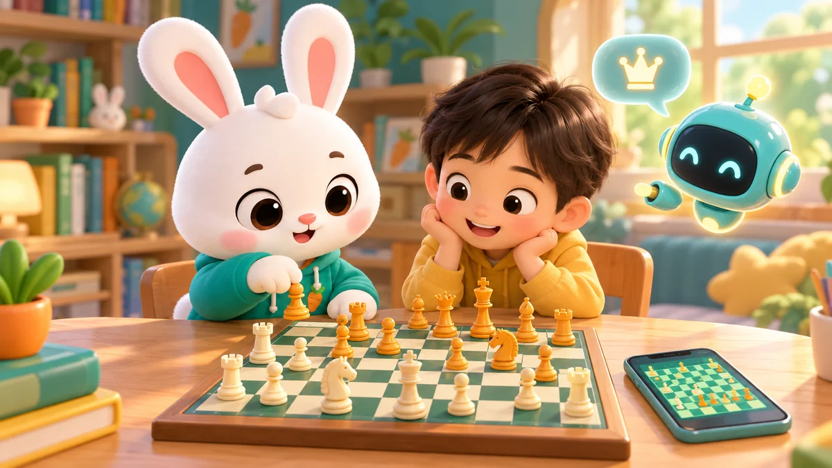 Illustration Thỏ Bông and the boy sit at the chess board, next to the robot and the phone. Voice showing chess board