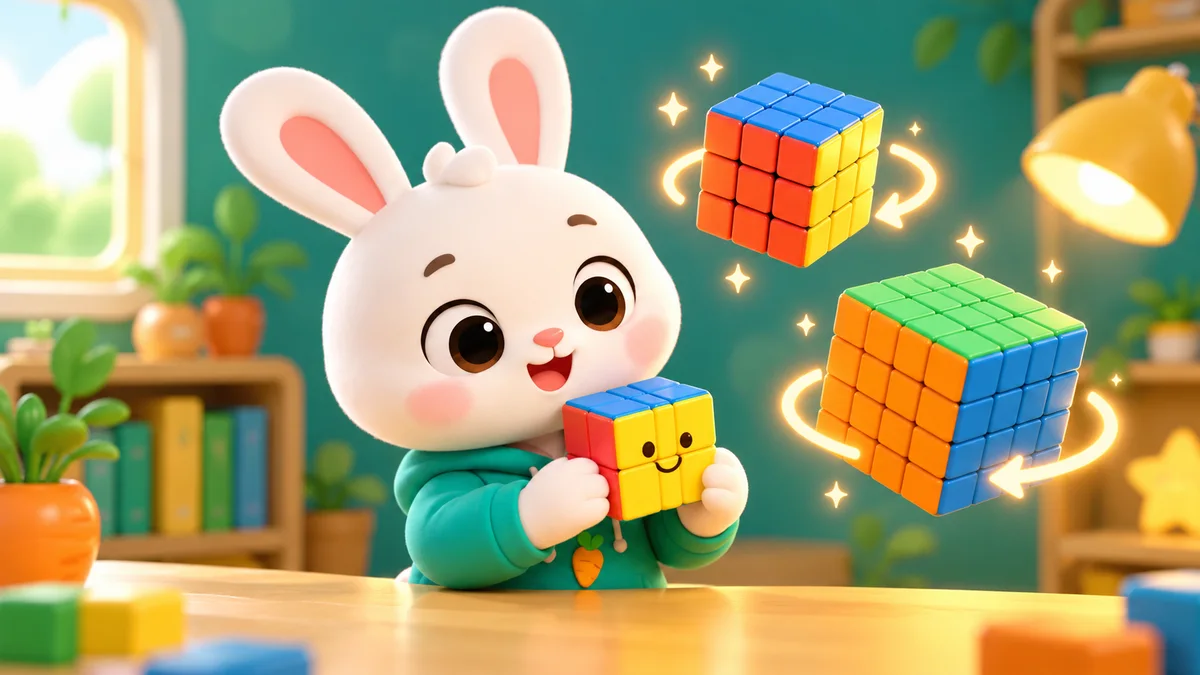 2x2 の立方体を持った Thỏ Bông のイラストと、その隣にブロックがあります3x3 と 4x4 が回転します